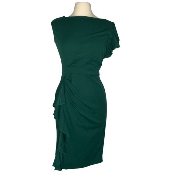 Green Ruffle Dress One Shoulder MIDI Modest Gown Holiday Wedding Guest K26 - Picture 1 of 10